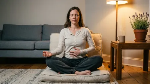 Woman cross-legged on a cream cushion, eyes closed, hand on belly, lit by a warm floor lamp by a lavender plant