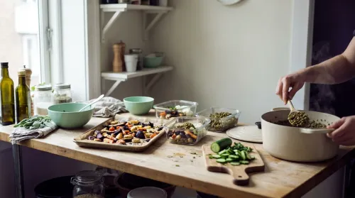 Glass meal-prep containers being filled from roasted vegetables and a pot of lentils, a healthy eating habits batch system
