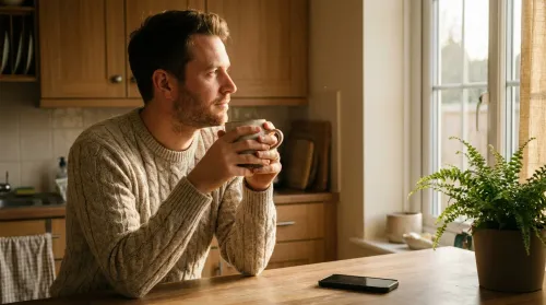 Man at a sunlit window with tea, phone face-down on the counter for a morning social media detox