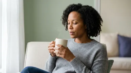 Woman by a sunlit window cupping a warm mug, using a grounding technique for anxiety to steady one slow breath