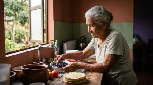 Costa Rican woman in her nineties rinsing black beans in her home kitchen, a Blue Zone cultural diet staple