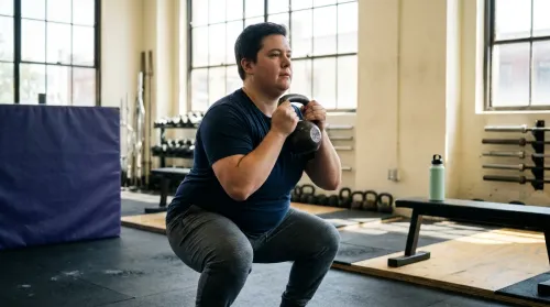 A person building muscle with clean, controlled strength-training form in a bright gym, composed and focused, not grimacing
