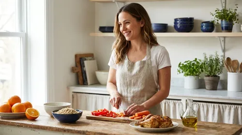 A relaxed person practicing nutrition basics in a bright kitchen, prepping a colorful array of whole foods on the counter