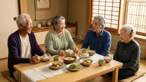 Okinawan moai of elders sharing a midday meal of imo, tofu and miso soup at a low wood table for the blue zones diet