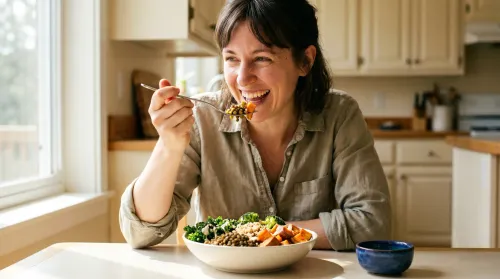 Person at a sunlit table enjoying a colorful plant-based diet meal of grains, legumes, and roasted vegetables