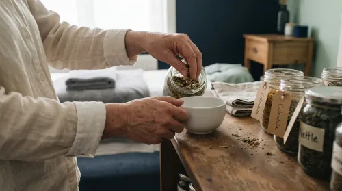 Small wellness business practitioner selecting dried herbs from glass jars at a workshop shelf