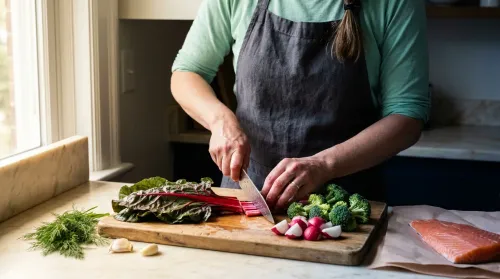 Woman slicing rainbow chard at a sunlit marble kitchen counter — daily cooking that anchors nutrition for mental health