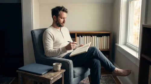 Man in a reading-nook armchair with an open notebook in late-morning light — wellness-first productivity habits in practice