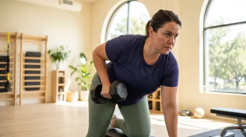 Plus-size woman strength training with dumbbells in confident, controlled form in a bright modern gym