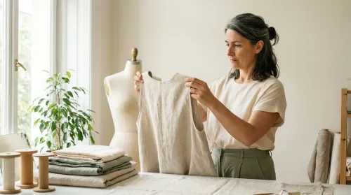 Slow fashion maker pausing in a sunlit atelier to consider a half-finished linen garment in her hands