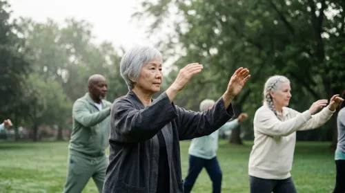 Older adults practicing tai chi together at sunrise in a green urban park, a calm community cultural wellness scene