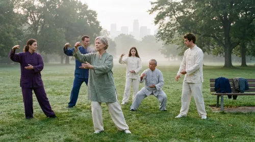 Mixed-age group practicing Tai Chi slow form in a public park at dawn for older-adult types of martial arts