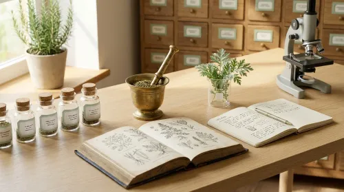Ethnobotany research workspace with apothecary jars, brass mortar, open herbal reference, and a microscope on a wood table