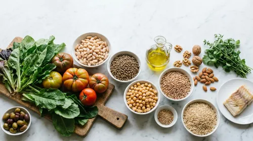 An abundant whole-foods spread — greens, legumes, whole grains, olive oil, nuts, and fish — shared across types of diets