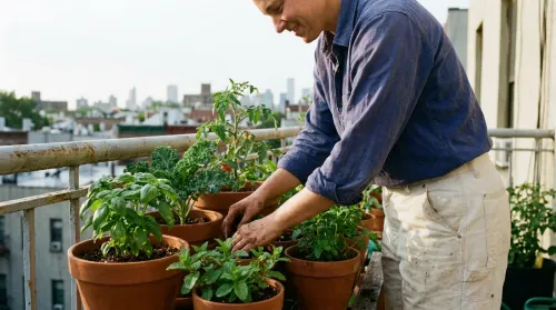 A person tending a thriving urban gardening balcony with pots of herbs, greens, and a small tomato plant in morning light