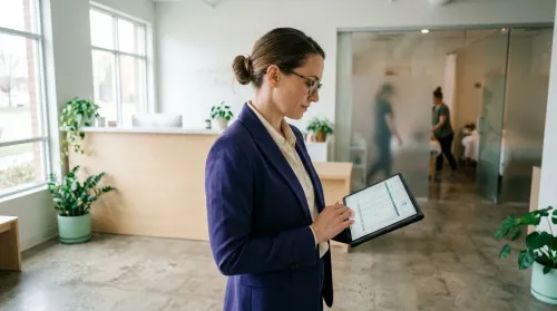A wellness center owner reviewing startup numbers on a tablet in a bright modern studio space with a front desk and plants