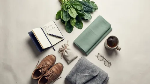Overhead flat-lay of health and wellness industry essentials on a warm cream paper surface