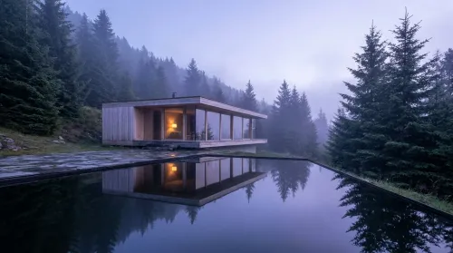 Modern wellness retreat pavilion of timber and glass on a forested mountainside, mirrored in a still pool at dawn