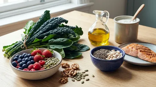 An appealing arrangement of everyday superfoods — berries, leafy greens, salmon, beans, nuts, olive oil, yogurt — on light wood