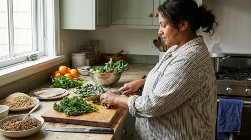 Hands chopping fresh colorful vegetables on a wooden board in a sunlit kitchen, whole foods spread around