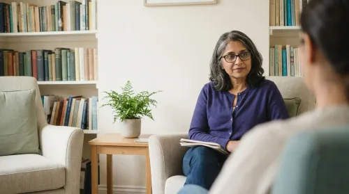 Woman psychologist listening with a notepad in a warm book-lined consulting room, representing women in mental health