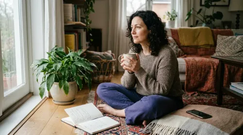 Woman relaxing cross-legged with tea and a journal by a sunlit window, phone face-down, a moment of holistic well-being